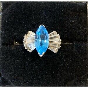 Natural Swiss Blue Topaz Marquis Ballerina Ring Rhinestones Sz 6 Silver .925